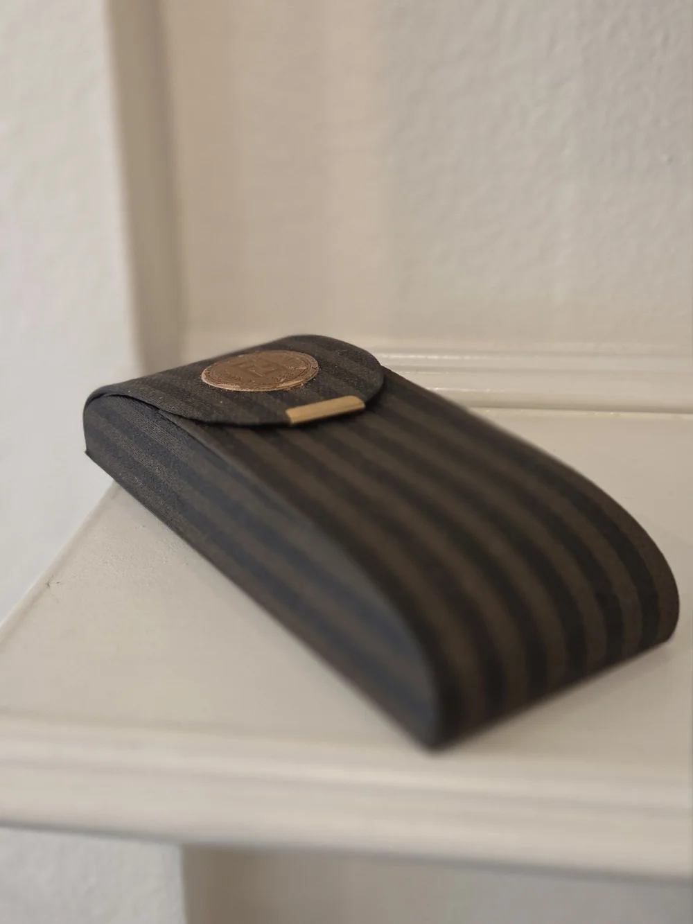 Vintage Fendi Brown and Black Striped Sunglasses Case with Gold Plaque
